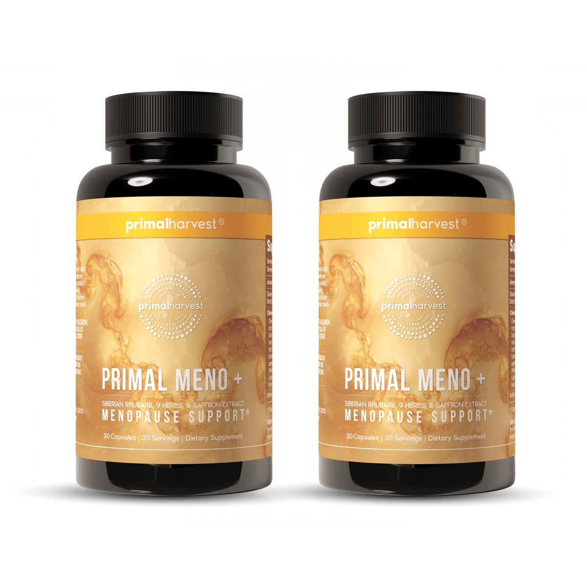 Primal Harvest Meno+ bottle front promotes daily menopause support and well-being
