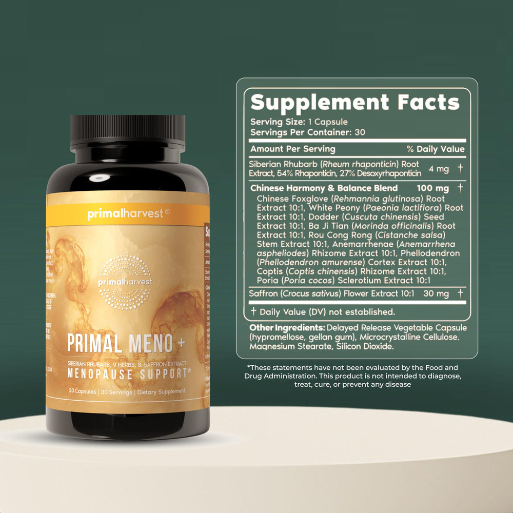 Primal Harvest Meno+ bottle label closeup highlights ingredients and clean formula