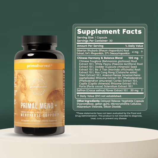 Primal Harvest Meno+ bottle label closeup highlights ingredients and clean formula