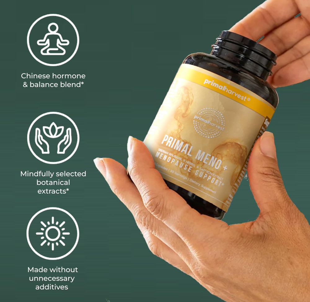 Primal Harvest Meno+ daily routine scene shows simple wellness integration