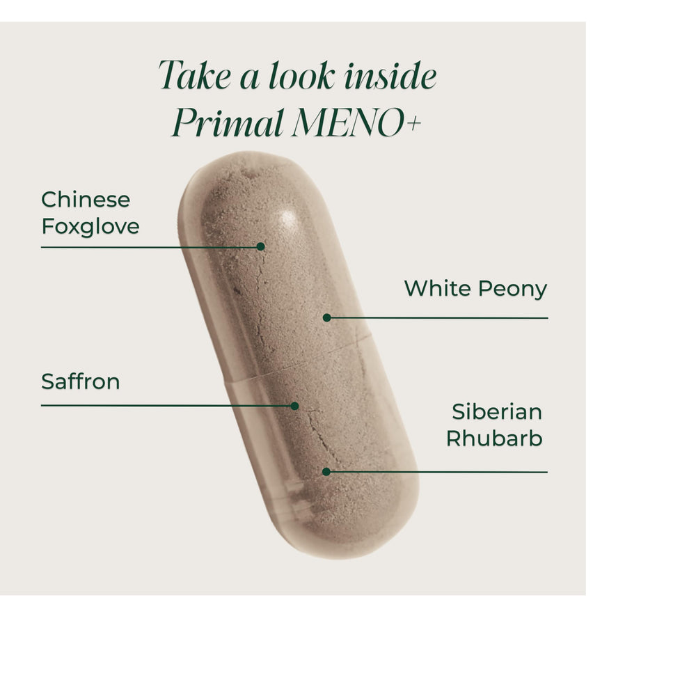 Primal Harvest Meno+ ingredients blend image showcases Rehmannia, White Peony, Cistanche