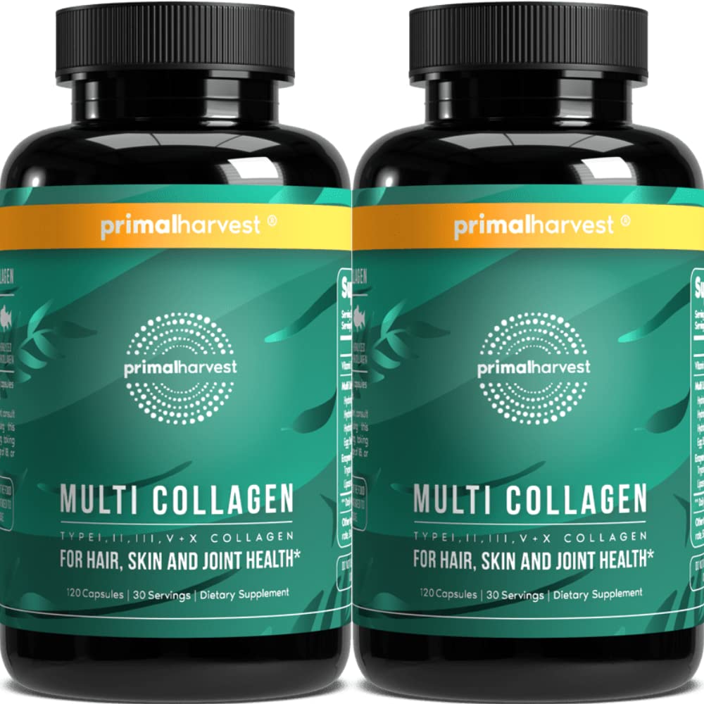 Primal Harvest multi collagen pills bottle front, showing a complete skin and joints support blend