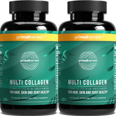 Primal Harvest multi collagen pills bottle front, showing a complete skin and joints support blend