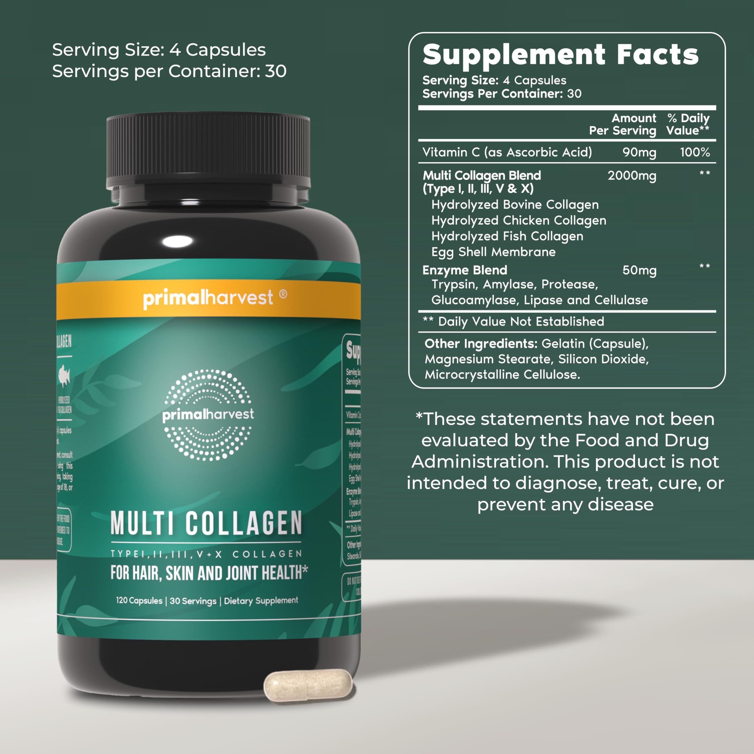 Primal Harvest multi collagen bottle pours capsules for easy daily use and absorption