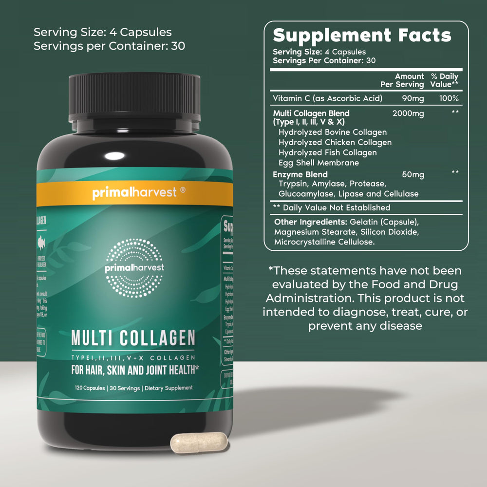 Primal Harvest multi collagen bottle pours capsules for easy daily use and absorption