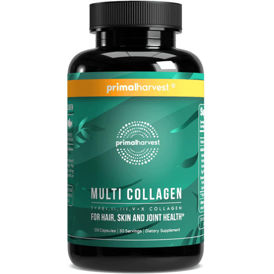 Primal Harvest multi collagen bottle showing capsules for hair, skin and nails support