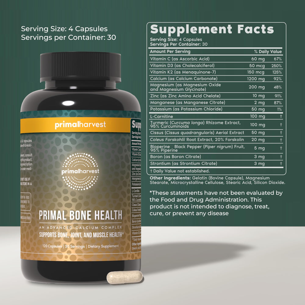 Primal Harvest muscle function bottle shows capsules for muscle comfort and recovery.