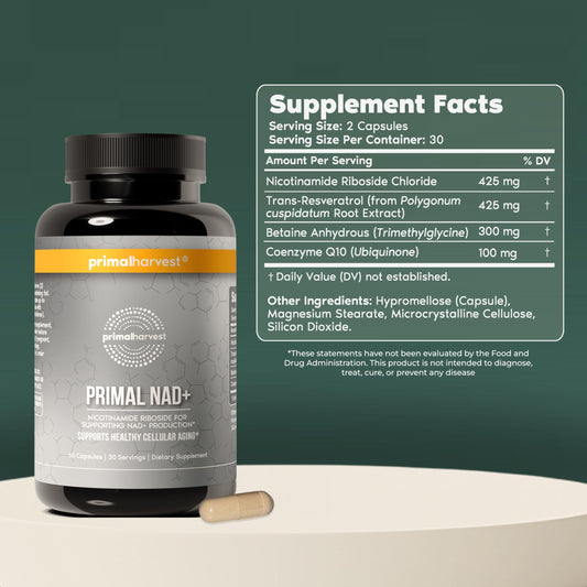 Primal Harvest NAD+ bottle label close-up showing NR and CoQ10 ingredients