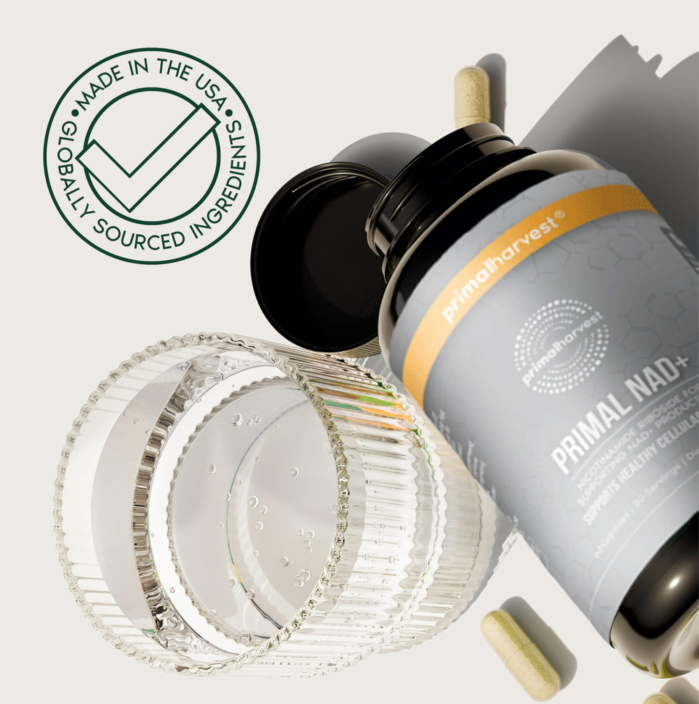Primal Harvest NAD+ packaging highlighting USA-made formula and dietary-free attributes