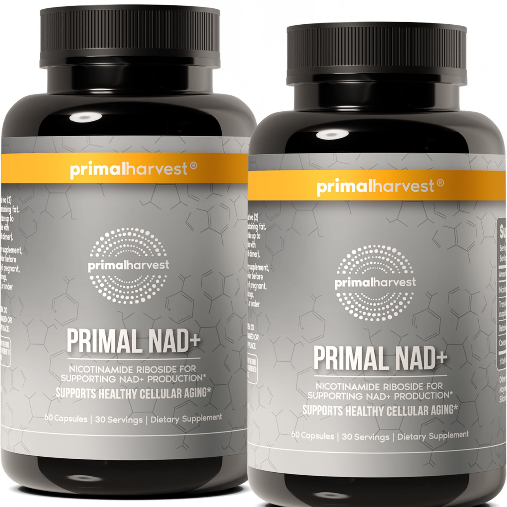Primal Harvest NAD+ Plus bottle close-up highlighting potential cellular energy support.