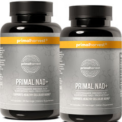Primal Harvest NAD+ Plus bottle close-up highlighting potential cellular energy support.