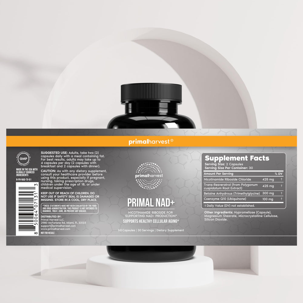 Primal Harvest NAD+ Plus capsule arrangement highlighting the vegetarian formula.