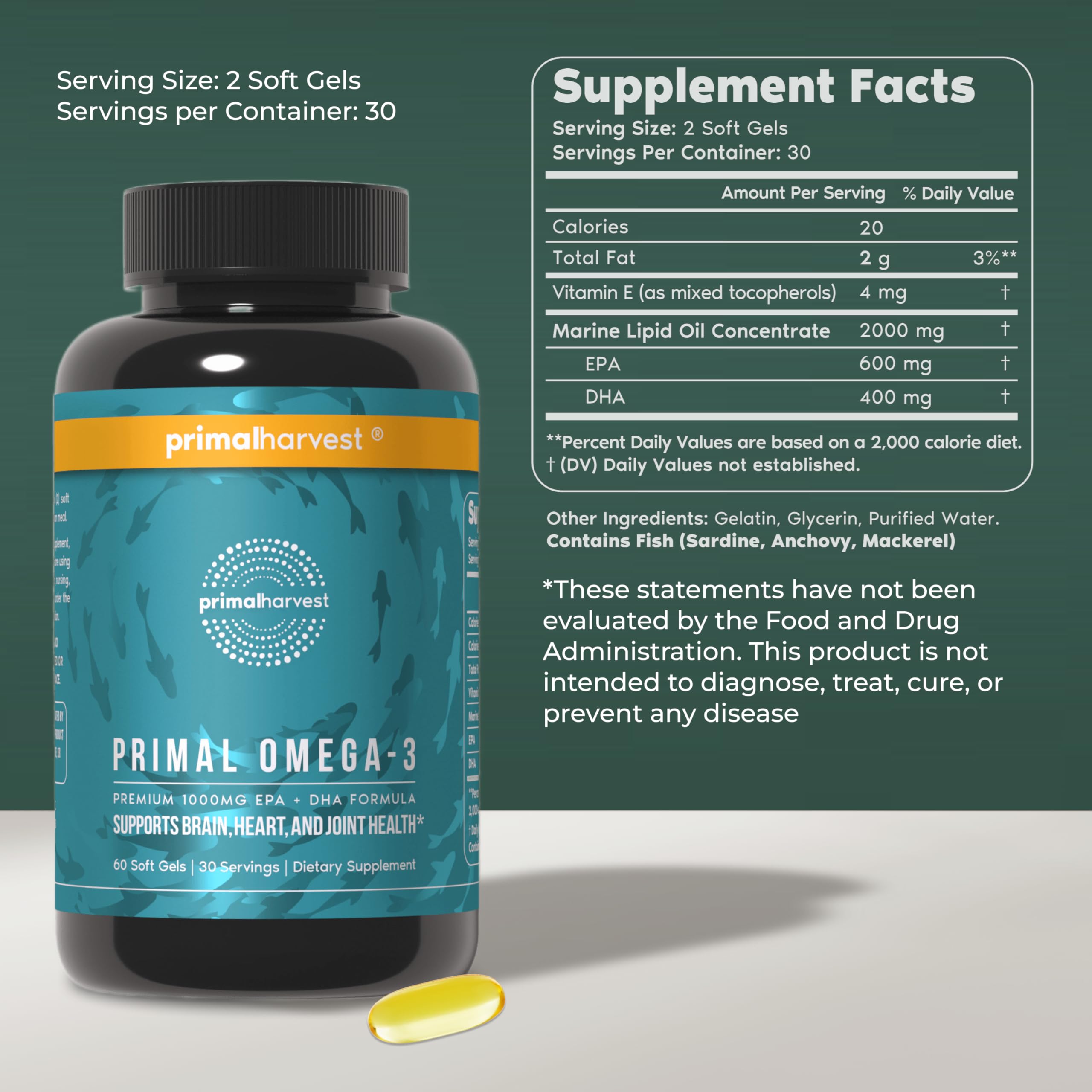 Primal Harvest Omega-3 softgels with EPA and DHA for heart and brain support