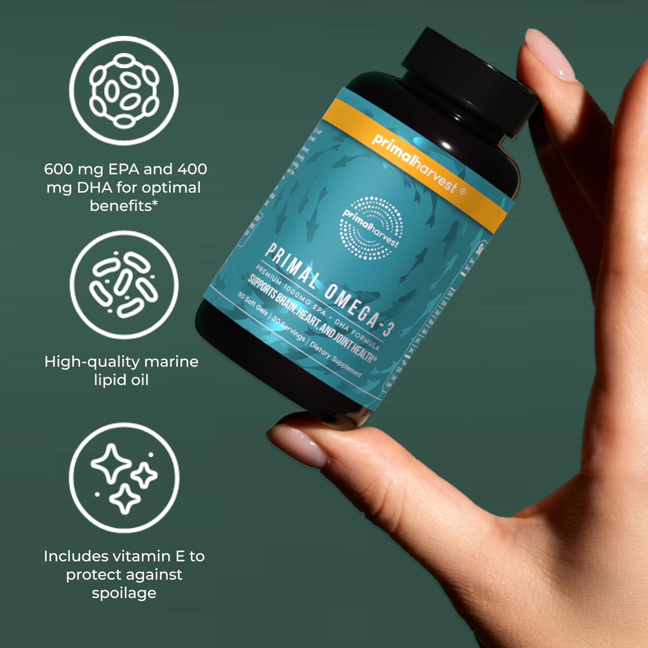 Primal Harvest Omega-3 bottle on pantry shelf signals no fishy aftertaste.