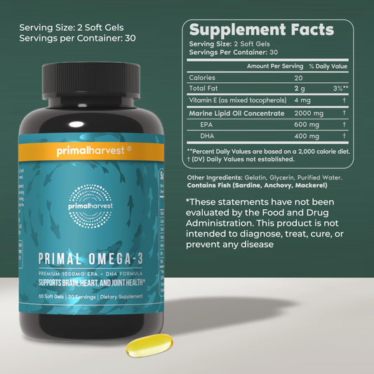 Primal Harvest Omega-3 softgels close-up with a smooth, fishy-burp-free experience.