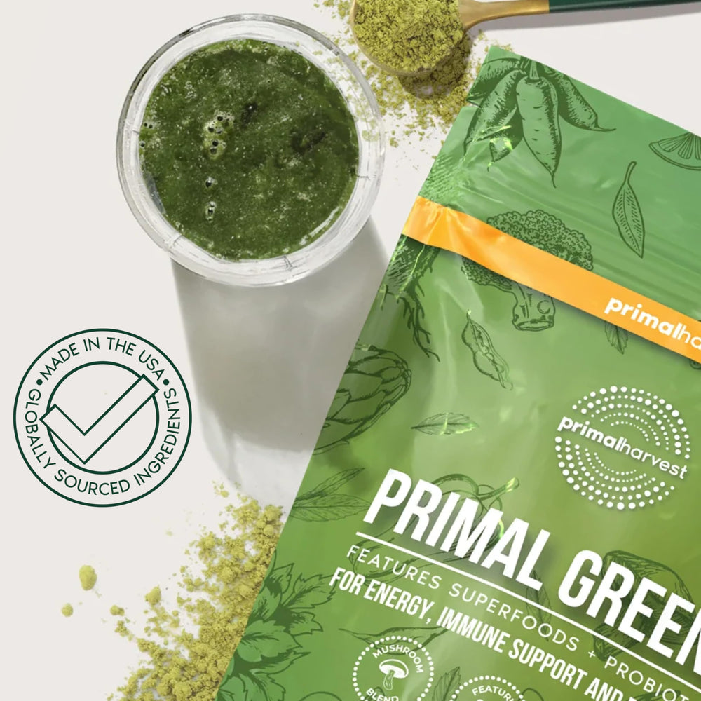 Primal Greens bottle with label and serving guidance.