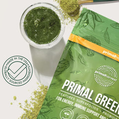 Primal Greens bottle with label and serving guidance.