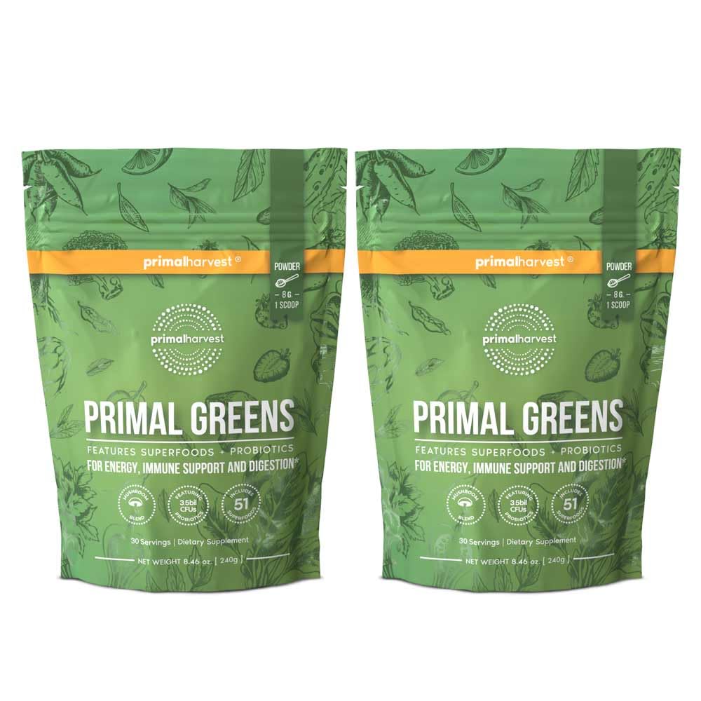 Primal Harvest Primal Greens powder tub for easy daily nutrition and energy support.