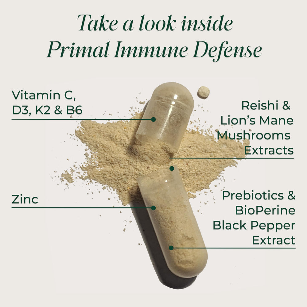 Primal Harvest immune defense bottle label emphasizing vegan, gluten-free formula