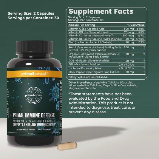 Primal Immune Defense capsules closeup highlighting probiotic blend and essential vitamins