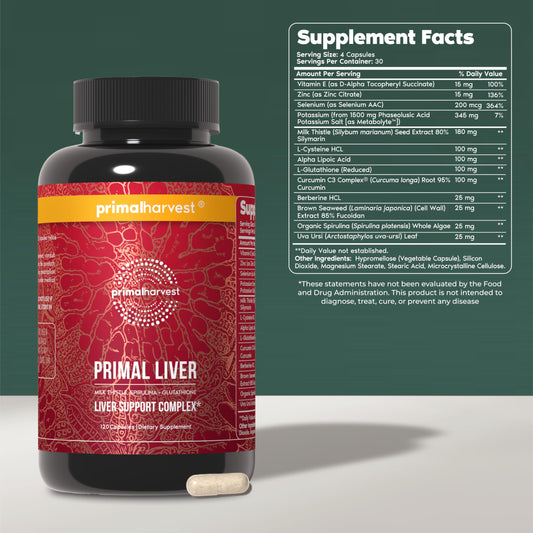 Primal Harvest Primal Liver bottle back lists usage and dosage instructions.