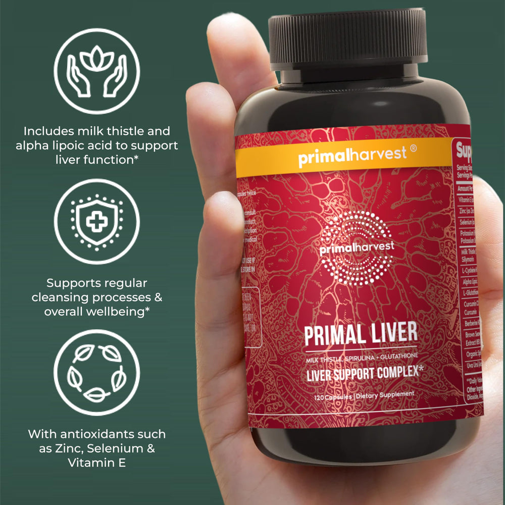 Primal Harvest Primal Liver capsules with a glass of water for daily use.
