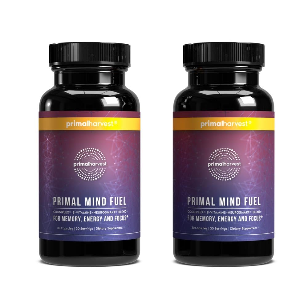 Primal Harvest Primal Mind Fuel bottle on a desk, highlighting focus support.