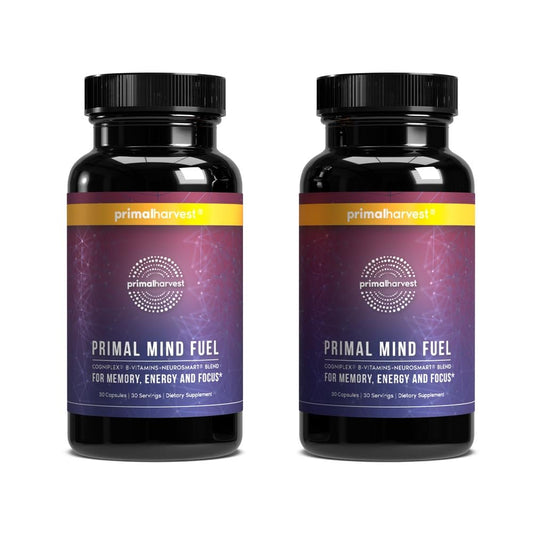 Primal Harvest Primal Mind Fuel bottle on a desk, highlighting focus support.