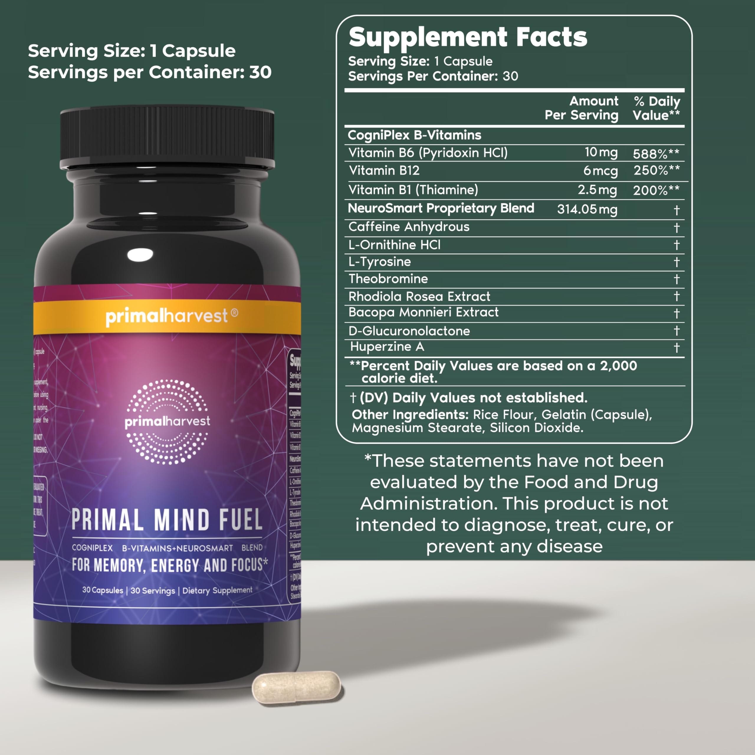 Close-up of Primal Mind Fuel capsules showing daily brain support