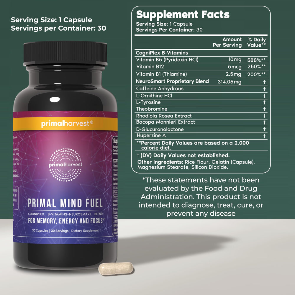 Close-up of Primal Mind Fuel capsules showing daily brain support