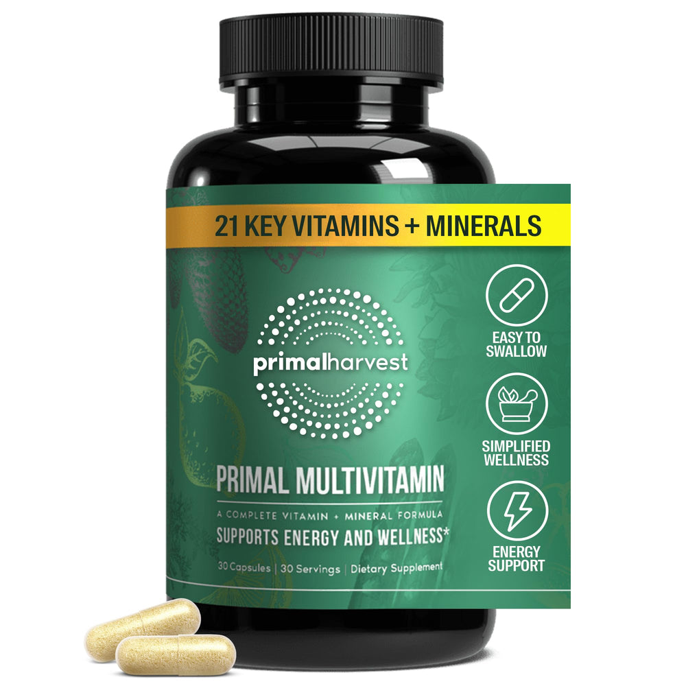 Primal Harvest Primal Multivitamin bottle front highlights 21 nutrients for daily wellness.