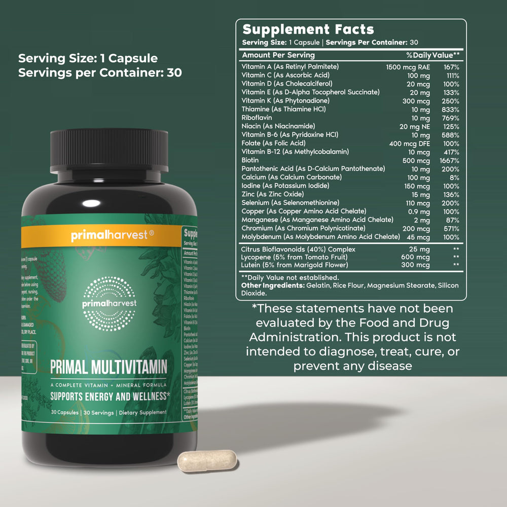 Primal Harvest Primal Multivitamin bottle label showing 21 nutrients for immunity and vitality.