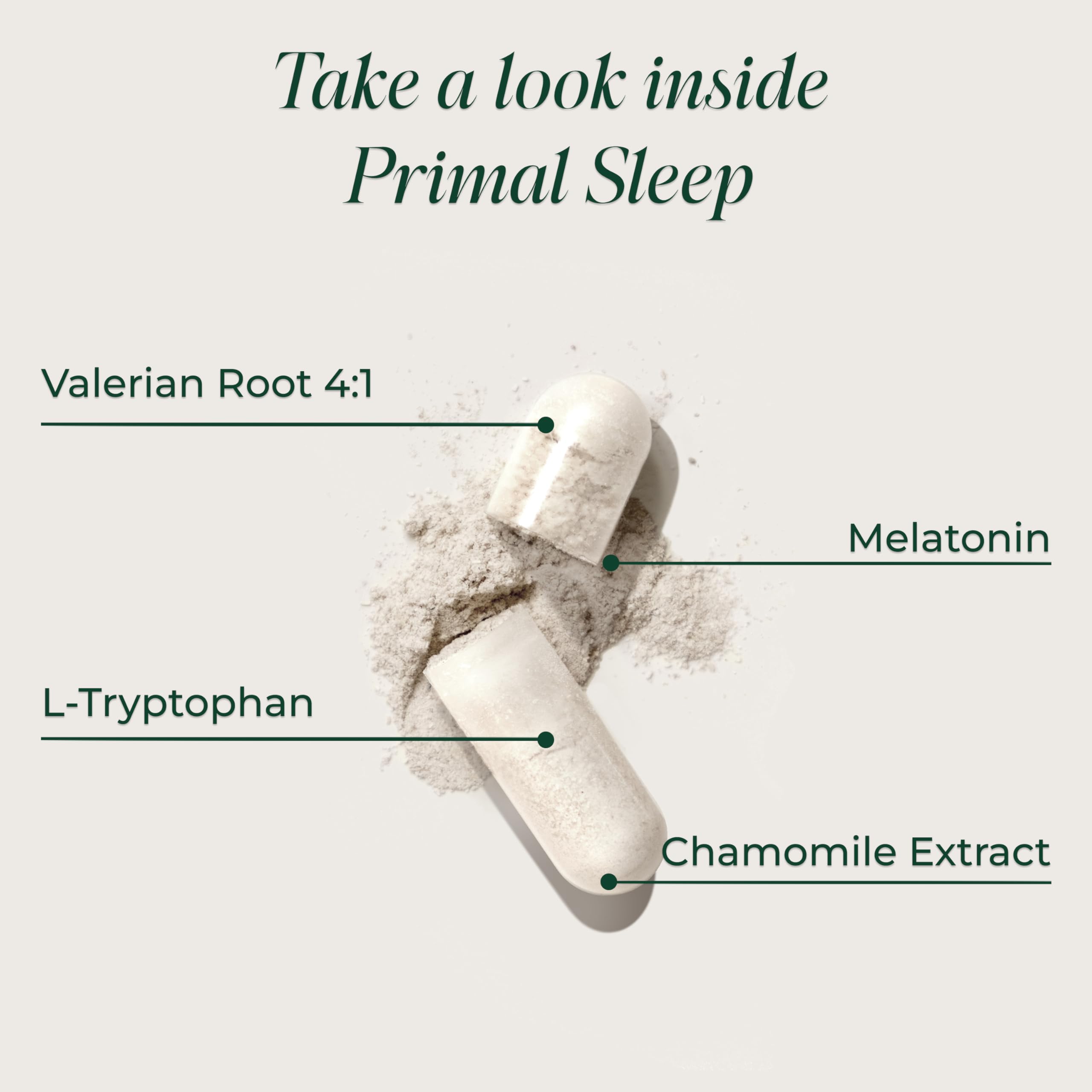 Close-up of Primal Sleep capsules illustrating a simple evening regimen.