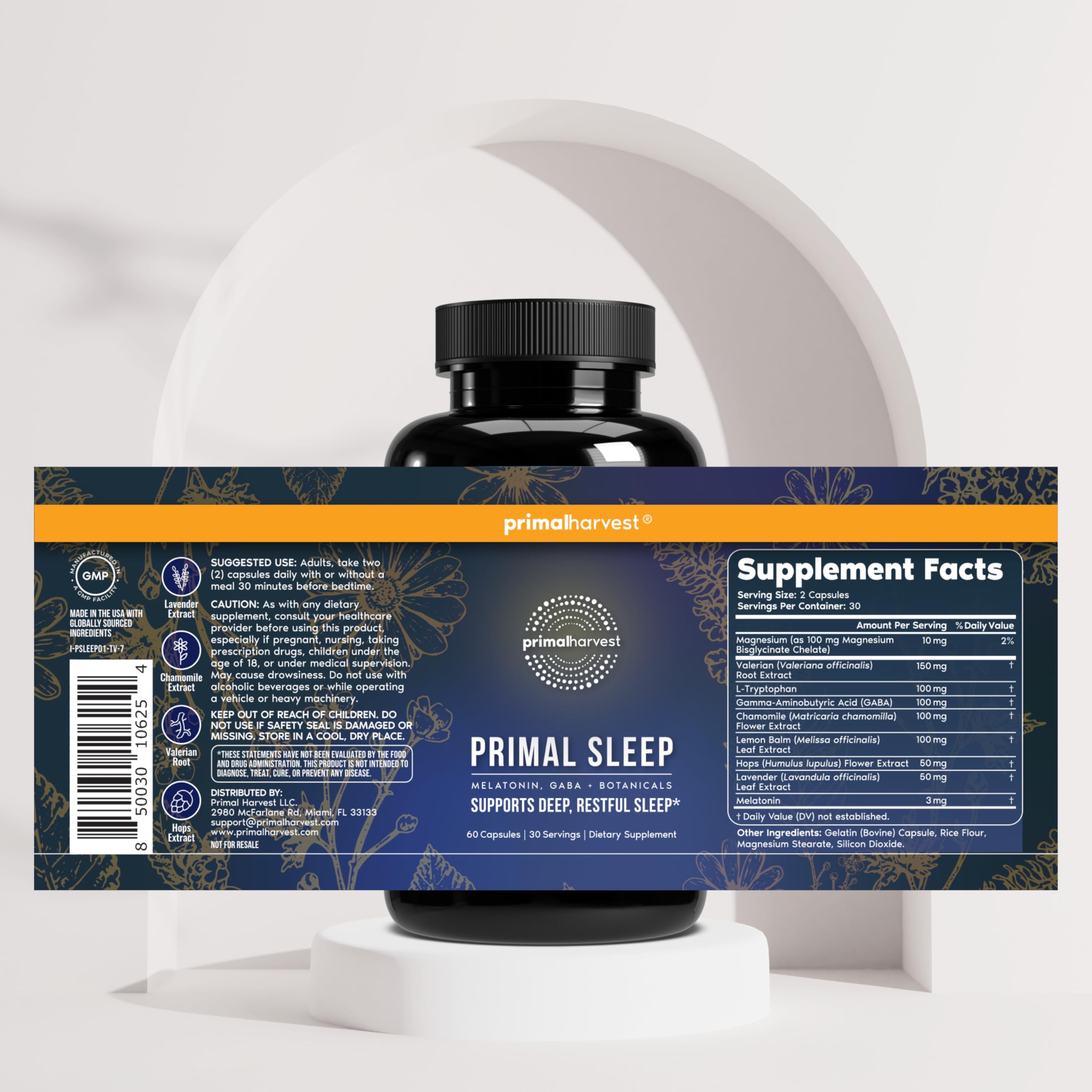 Primal Sleep mug with tea beside the bottle signals a wind-down ritual.