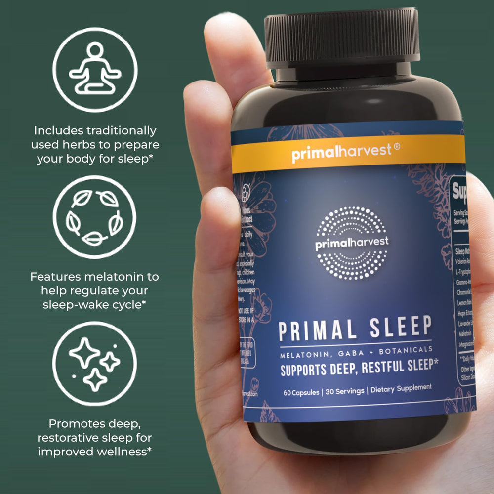 Primal Sleep nightstand scene conveys a peaceful nighttime routine.
