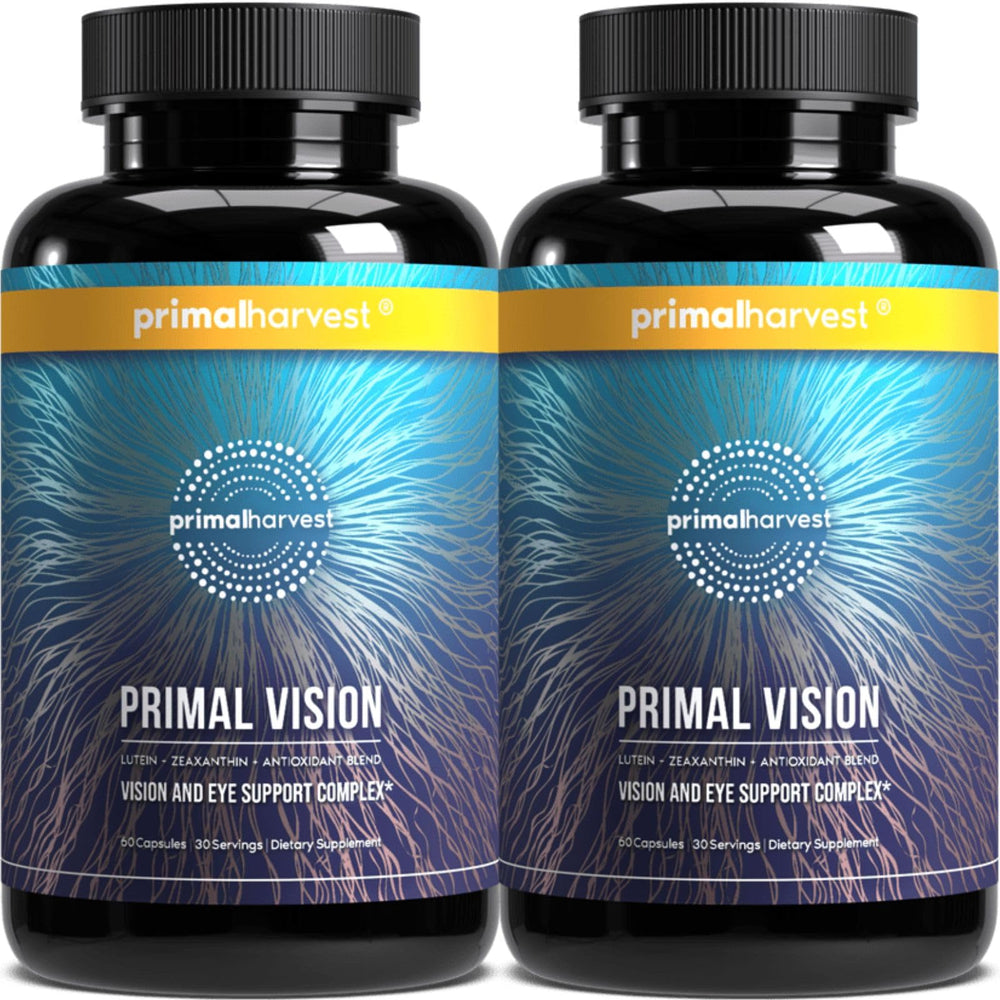 Primal Harvest Primal Vision bottle close-up showing the eye health formula for daily routines.