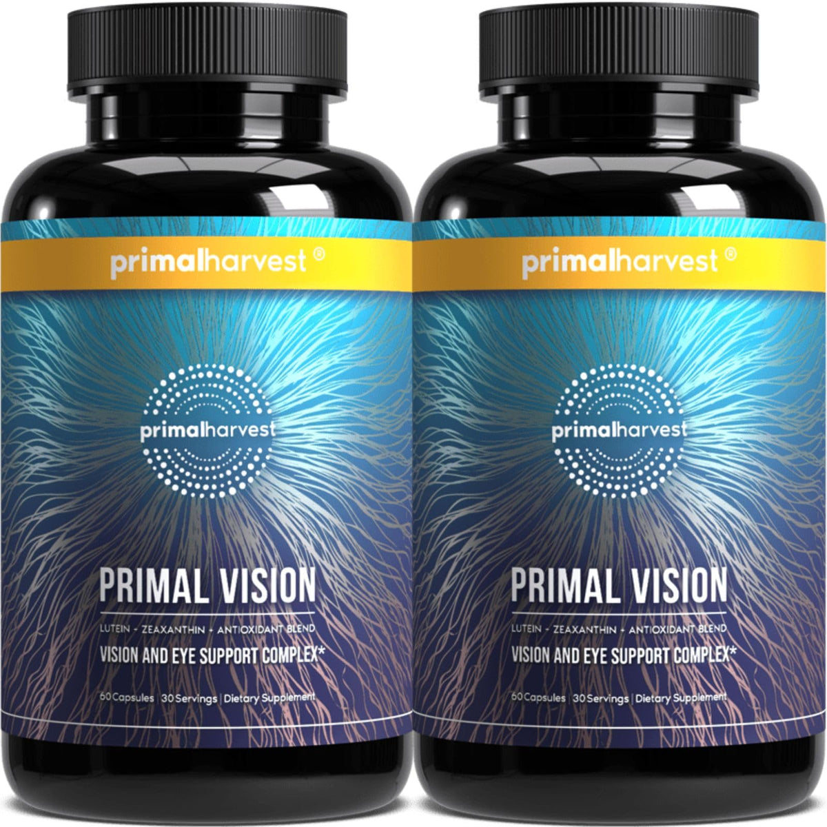 Primal Harvest Primal Vision bottle close-up showing the eye health formula for daily routines.
