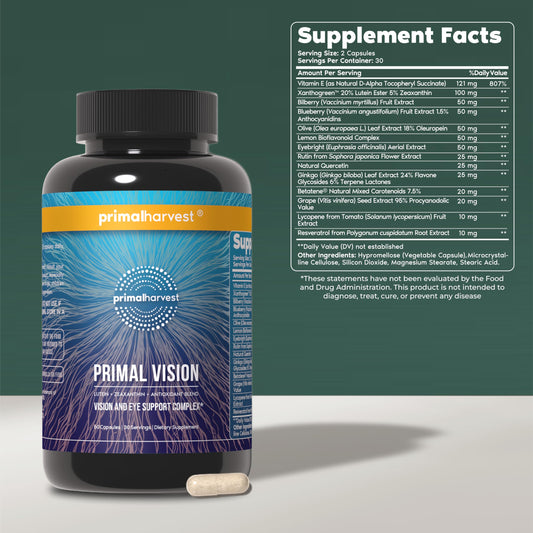 Primal Harvest Primal Vision capsules ready for use in daily eye care.