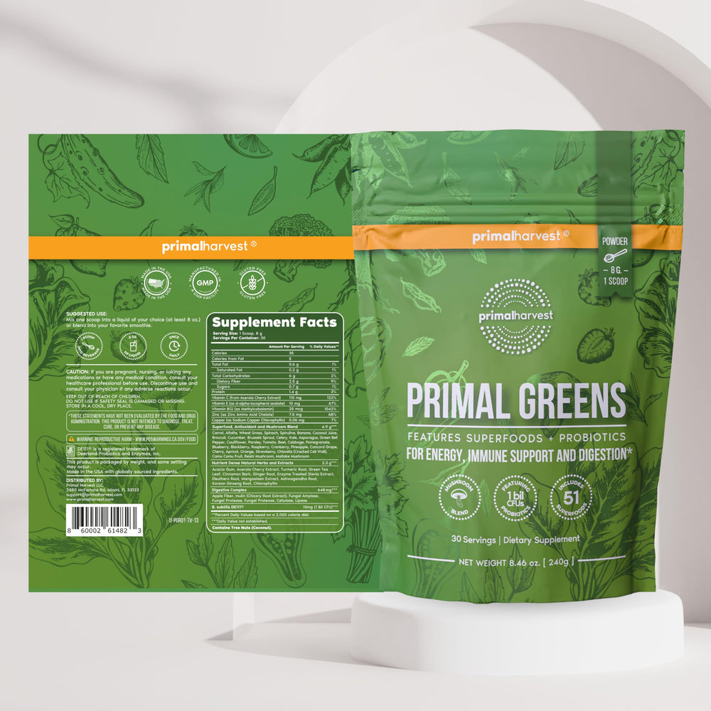 Primal Harvest probiotic blend bottle highlighting digestive health support.