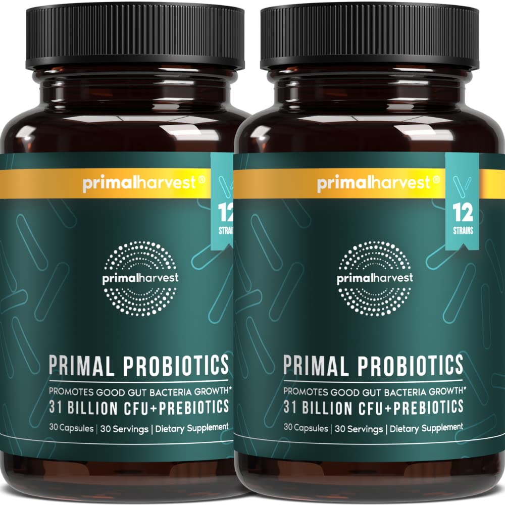 Primal Harvest Probiotics bottle front shows daily gut support in a convenient form.