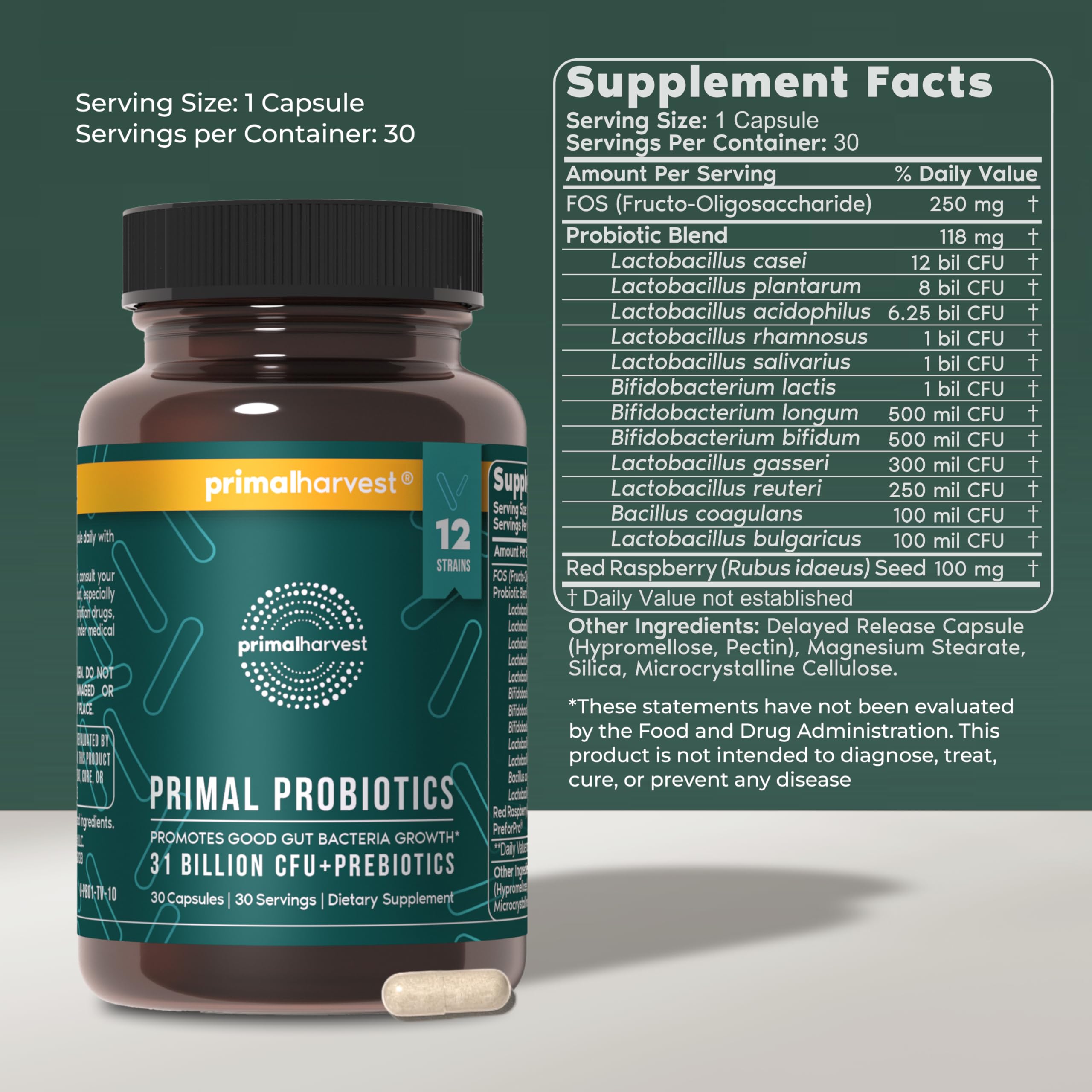 Primal Harvest Probiotics capsule-closeup showing easy daily use for digestion.