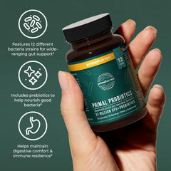Primal Harvest Probiotics daily-use-instruction shows one capsule per day.