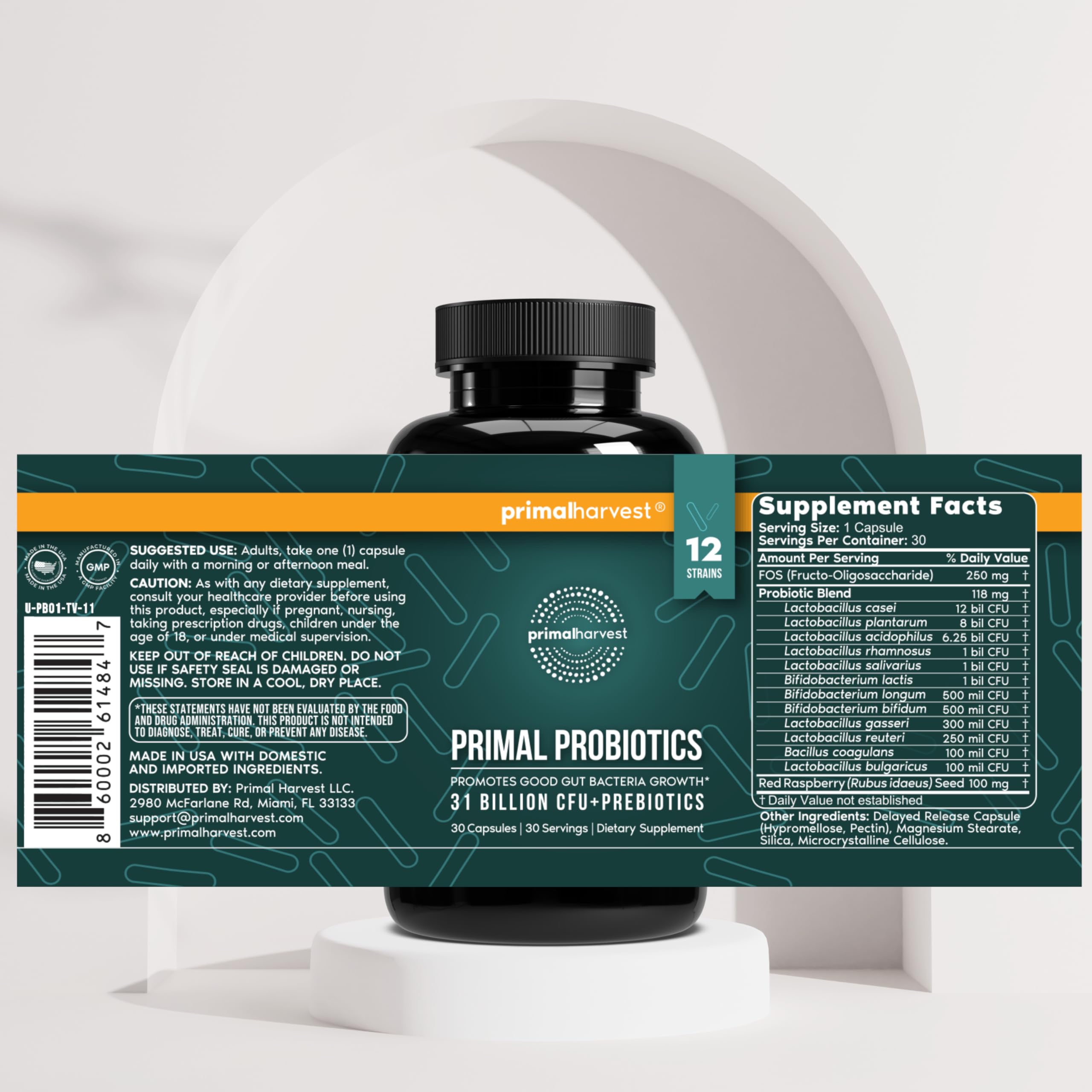 Primal Harvest Probiotics third-party-testing badge signifies independent checks.
