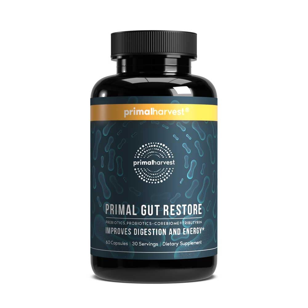 Primal Harvest Restore bottle front for daily gut health support