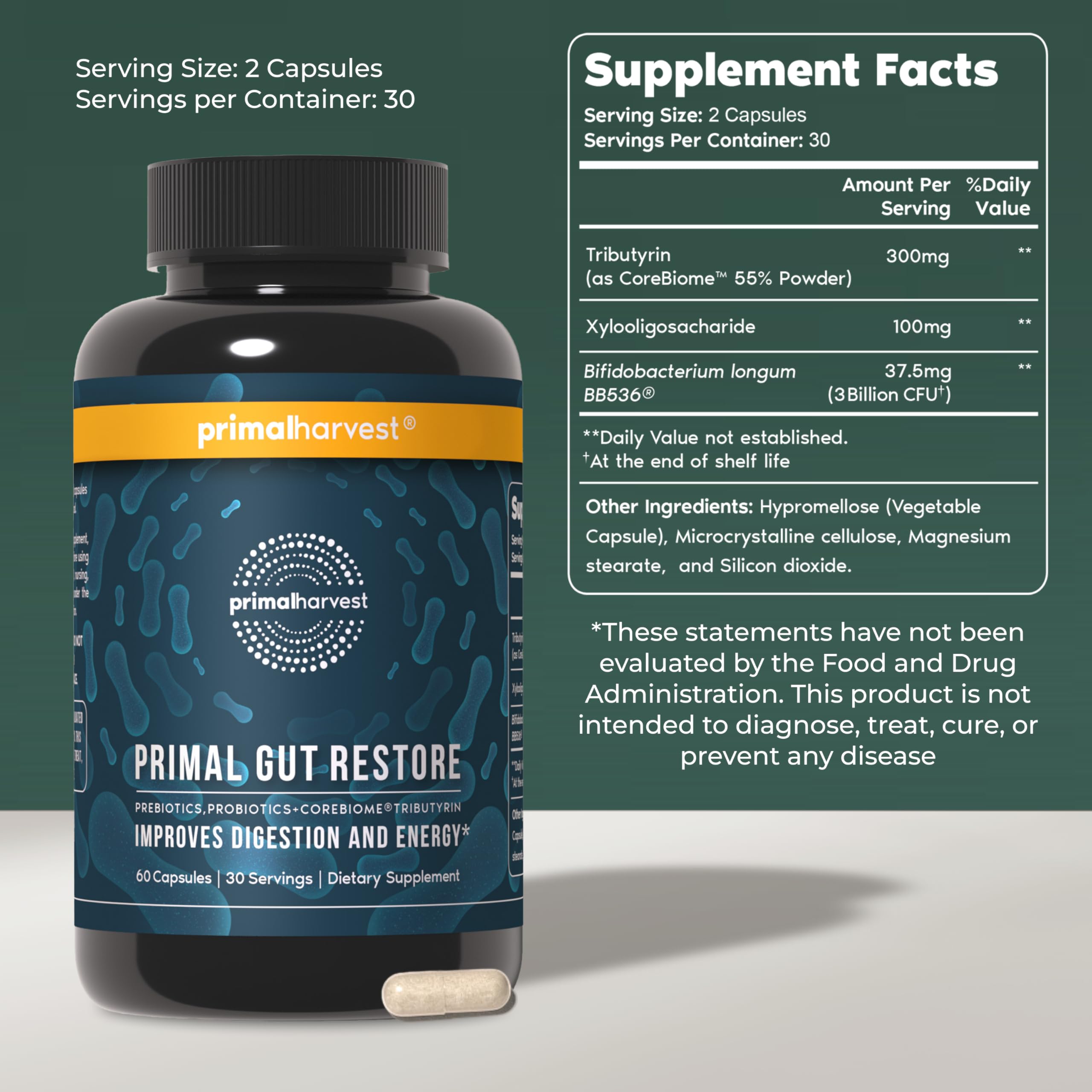 Primal Harvest Restore bottle label close-up highlighting PRE, PRO, and POSTbiotics