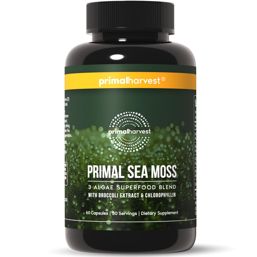 Primal Harvest Sea Moss Capsules bottle for convenient daily plant-based nutrition.