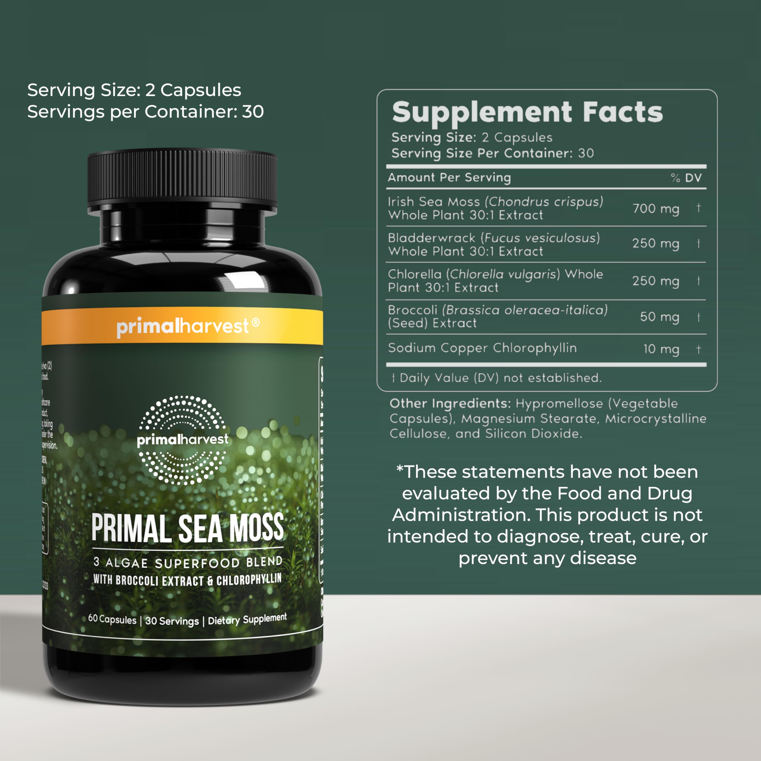 Primal Harvest Sea Moss Capsules label shows vegan, allergen-free formula.