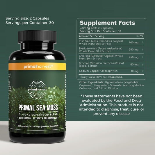 Primal Harvest Sea Moss Capsules label shows vegan, allergen-free formula.