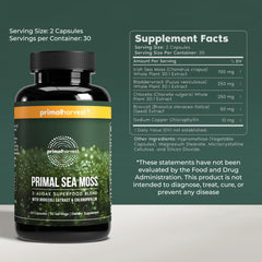 Primal Harvest Sea Moss Capsules label shows vegan, allergen-free formula.