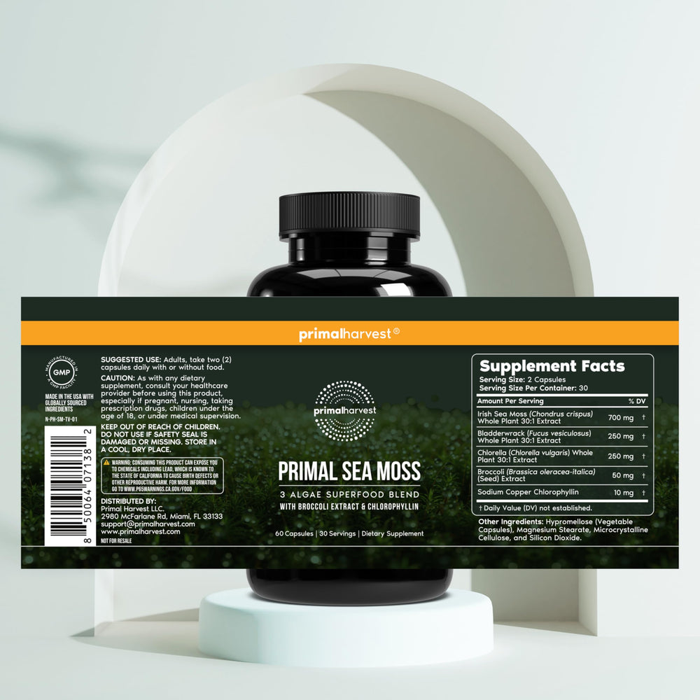 Primal Harvest Sea Moss Chlorella display emphasizes nutrient-dense greens.